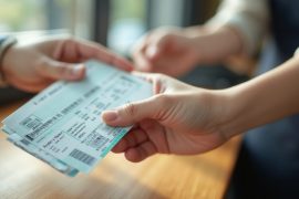 Excitement in the Ticket Exchange In a warm, inviting setting, two hands are engaged in a ticket exchange, symbolizing anticipation and adventure. The crisp tickets, adorned with barcodes and details, hint at an upcoming event, capturing the thrill of new experiences and shared moments.